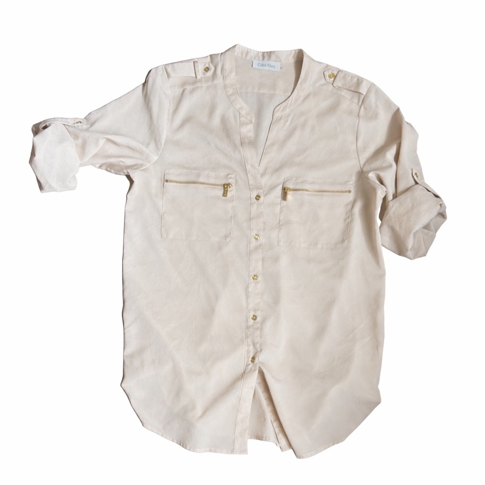 Calvin Klein Woman's Beige Button Down Shirt shimmery gold
